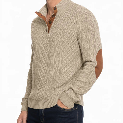 Men's Cable Pattern Button Neck Sweater with Elbow Patches - Beige