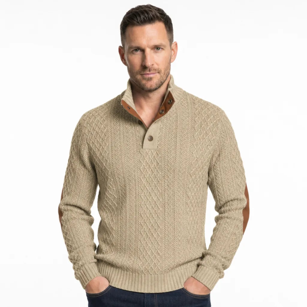 Men's Cable Pattern Button Neck Sweater with Elbow Patches - Beige