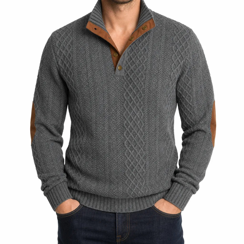 Men's Cable Pattern Button Neck Sweater with Elbow Patches - Gray