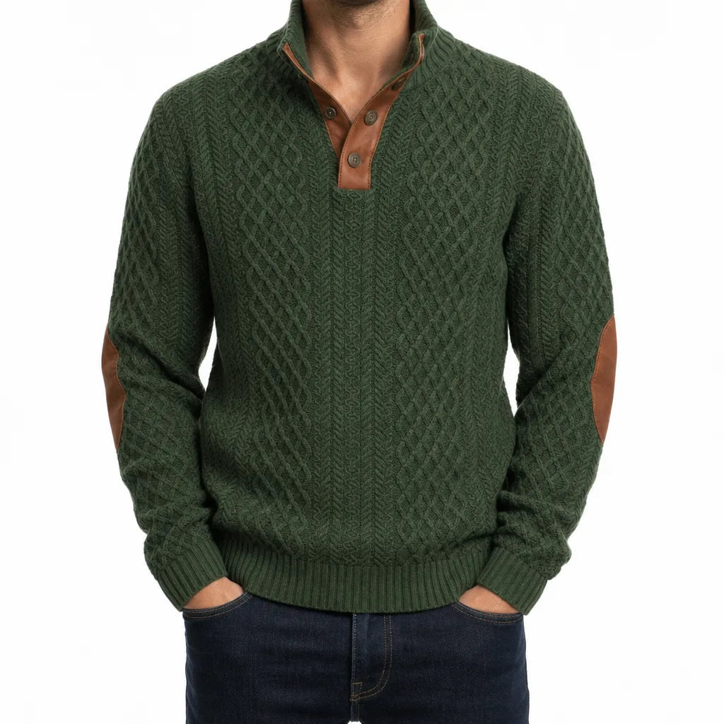 Men's Cable Pattern Button Neck Sweater with Elbow Patches - Green