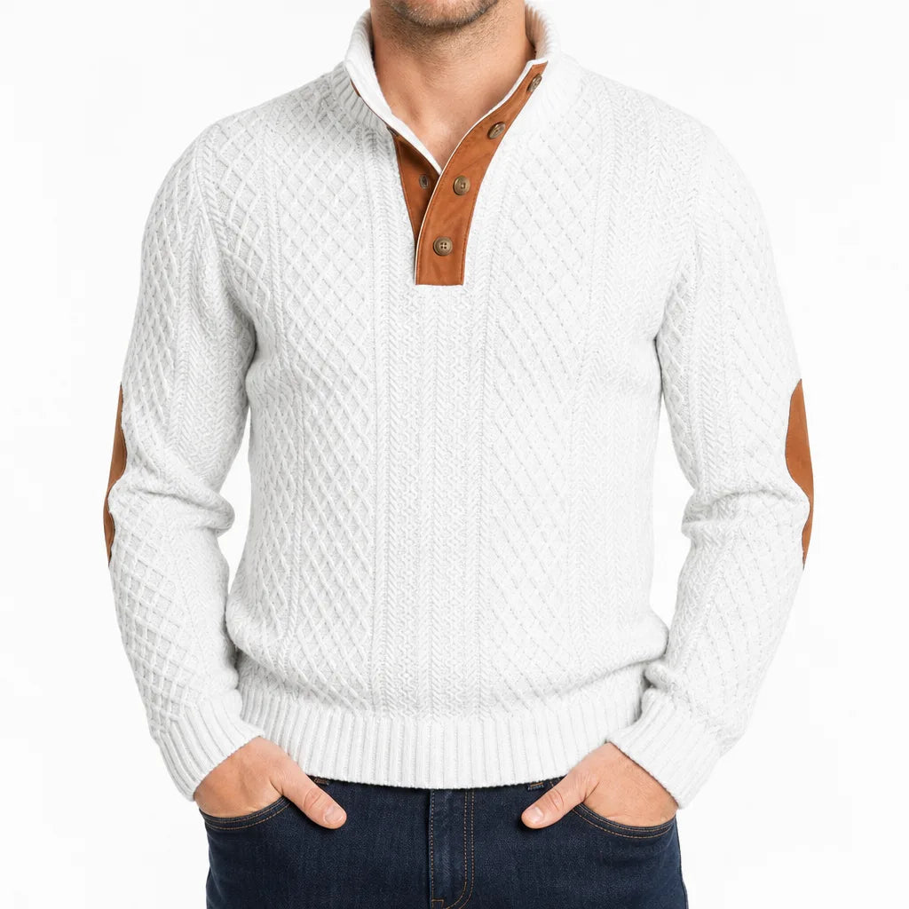 Men's Cable Pattern Button Neck Sweater with Elbow Patches - White