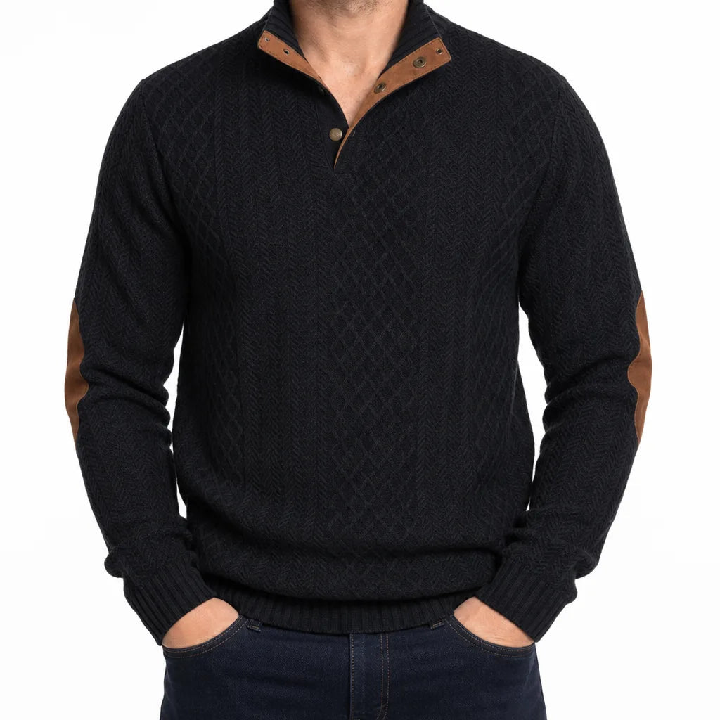 Men's Cable Pattern Button Neck Sweater with Elbow Patches - Black