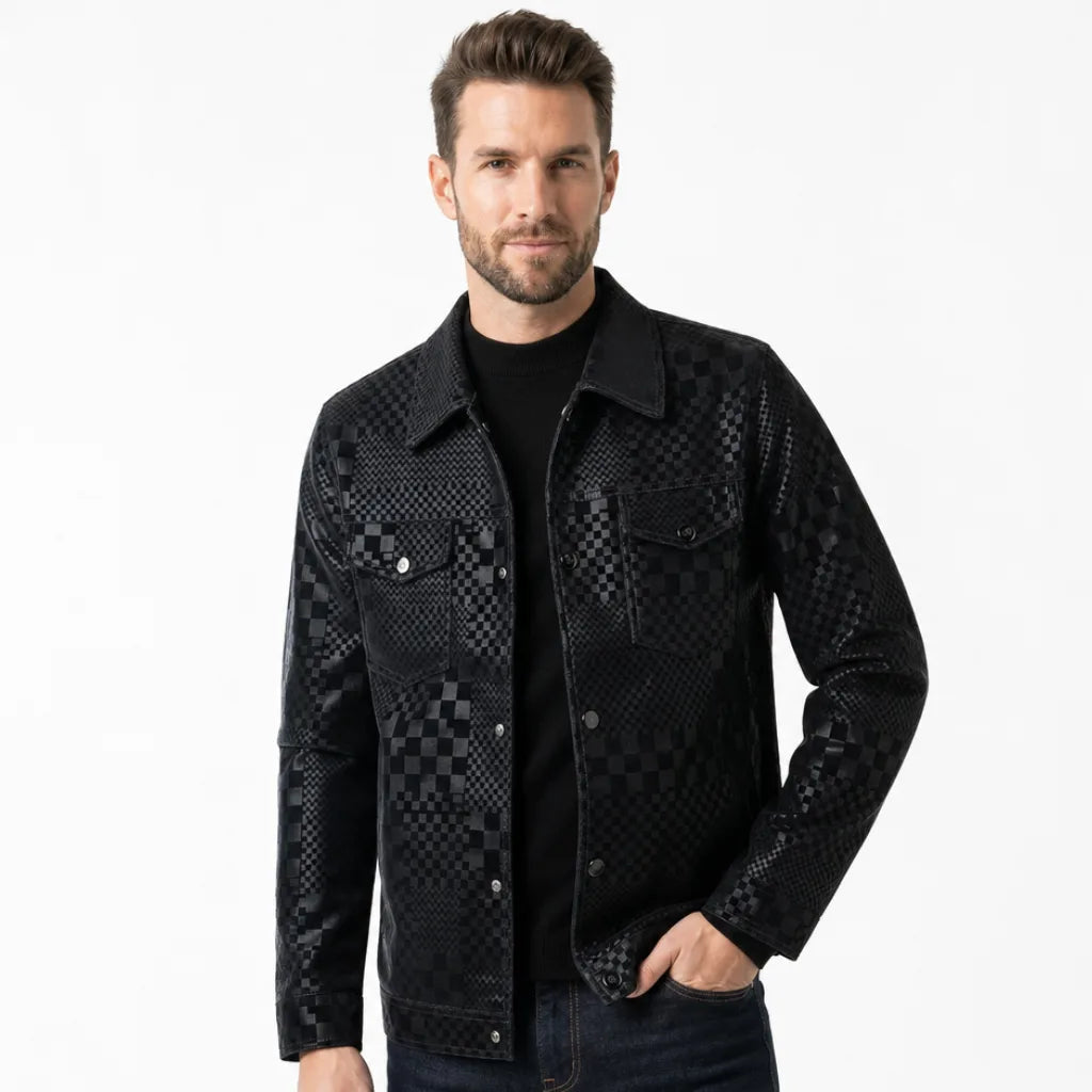Men's Checked Button Jacket with Flap Chest Pockets - Black