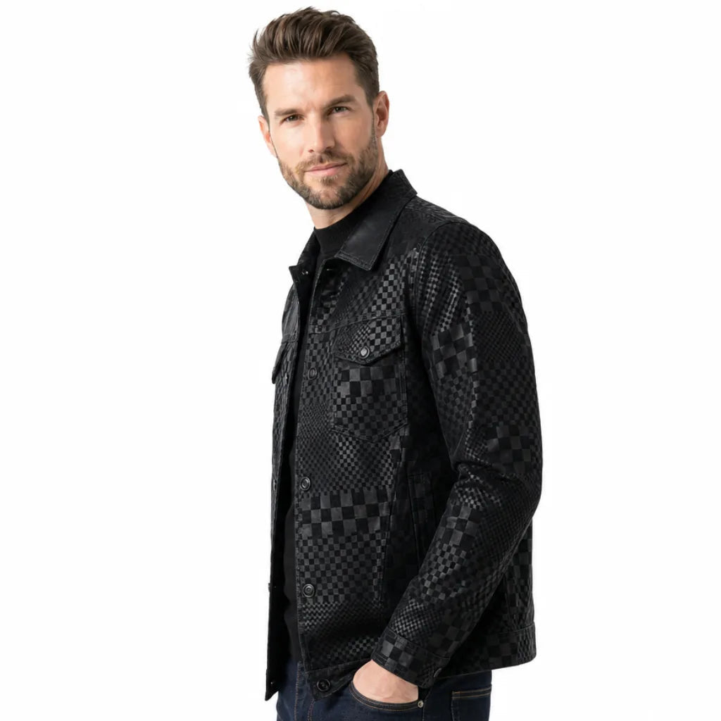 Men's Checked Button Jacket with Flap Chest Pockets - Black