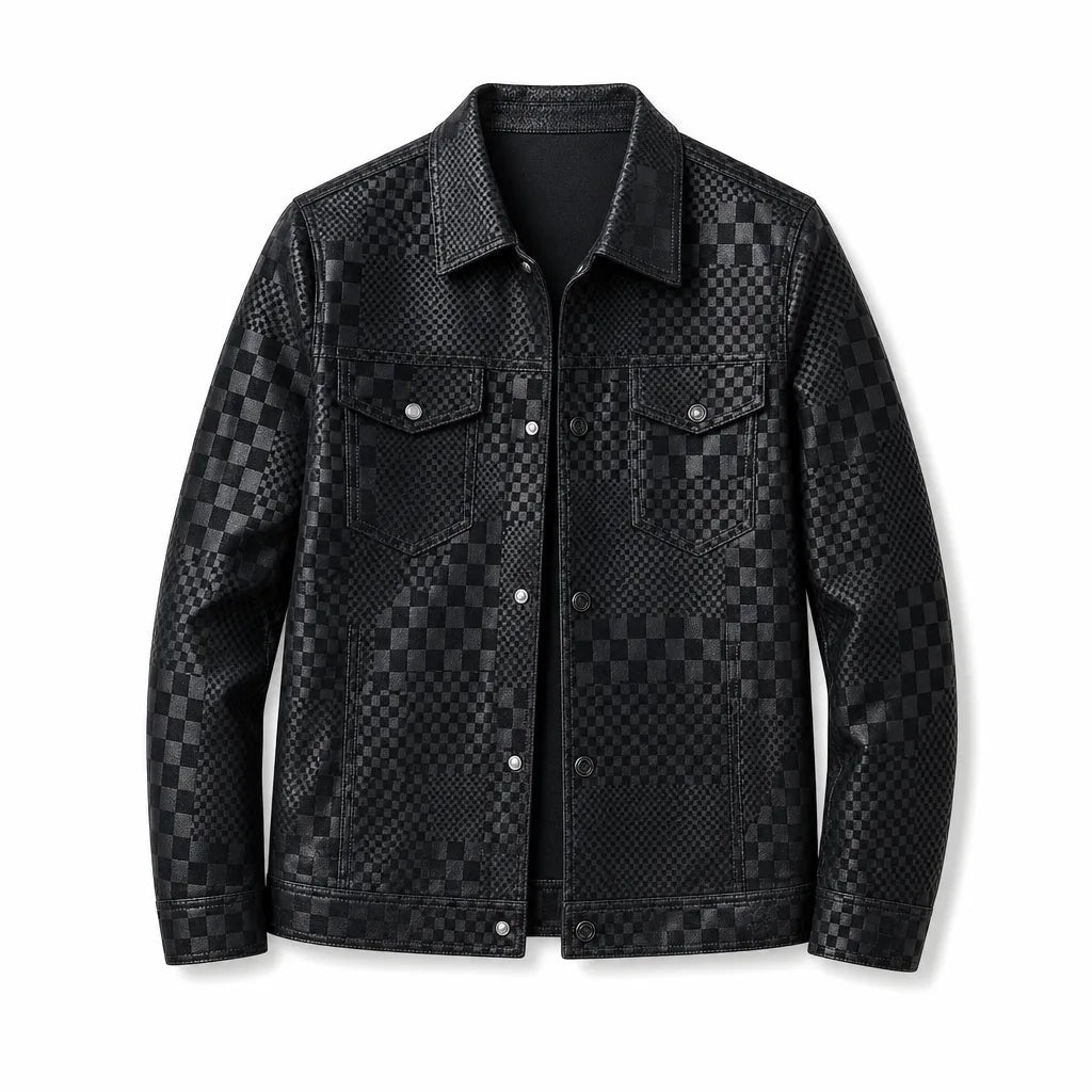 Men's Checked Button Jacket with Flap Chest Pockets - Black