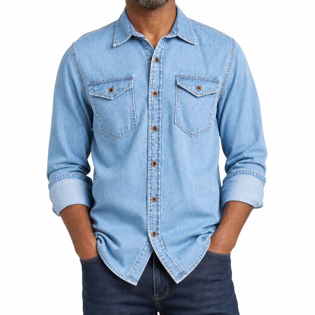 Men's Collared Button Shirt with Twin Flap Pockets - Blue