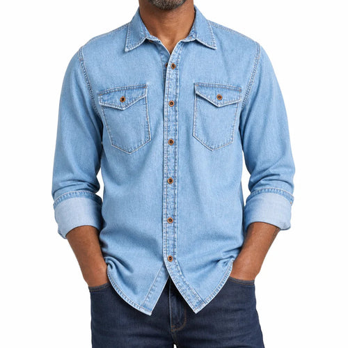 Men's Collared Button Shirt with Twin Flap Pockets - Blue