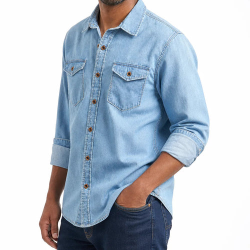 Men's Collared Button Shirt with Twin Flap Pockets - Blue