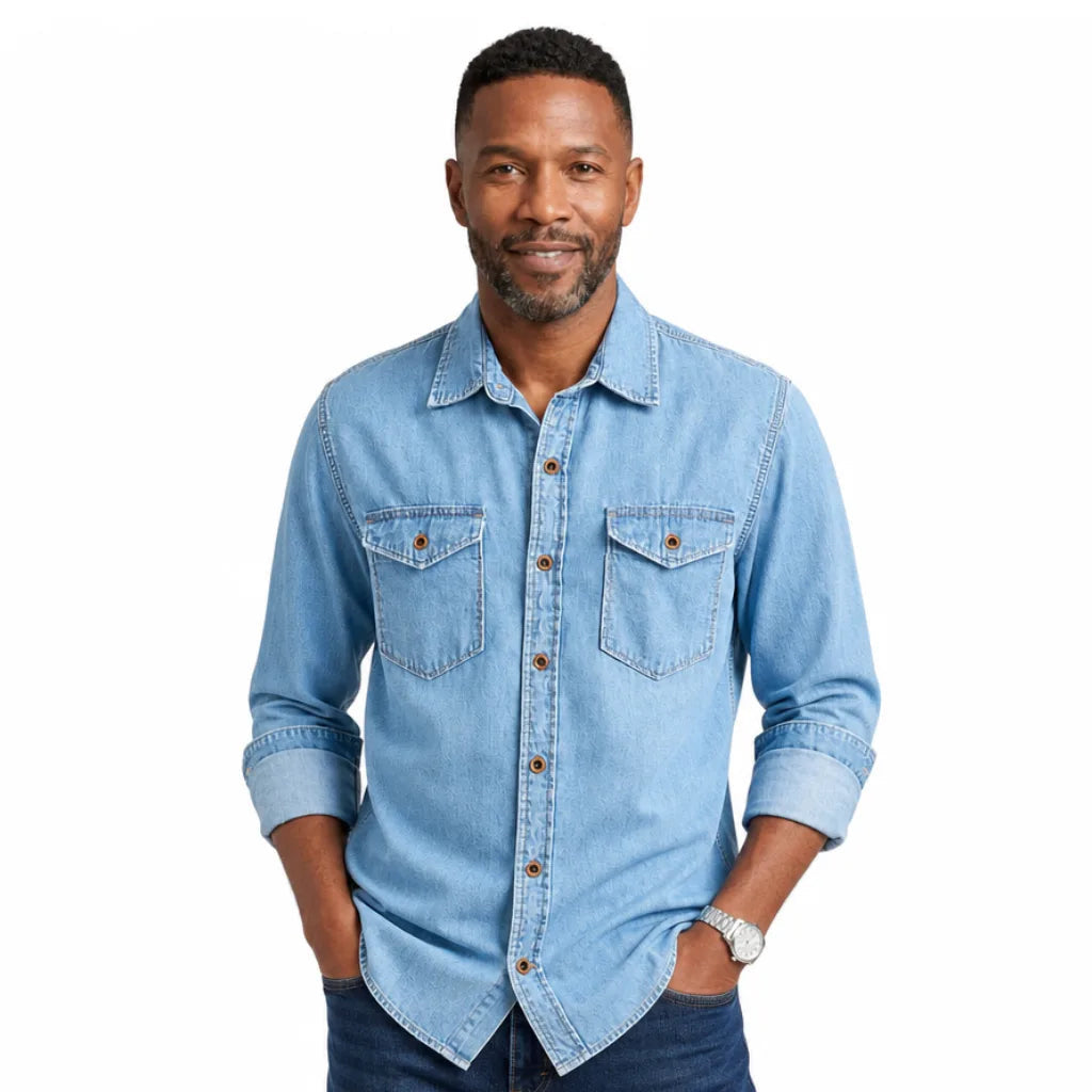 Men's Collared Button Shirt with Twin Flap Pockets - Blue
