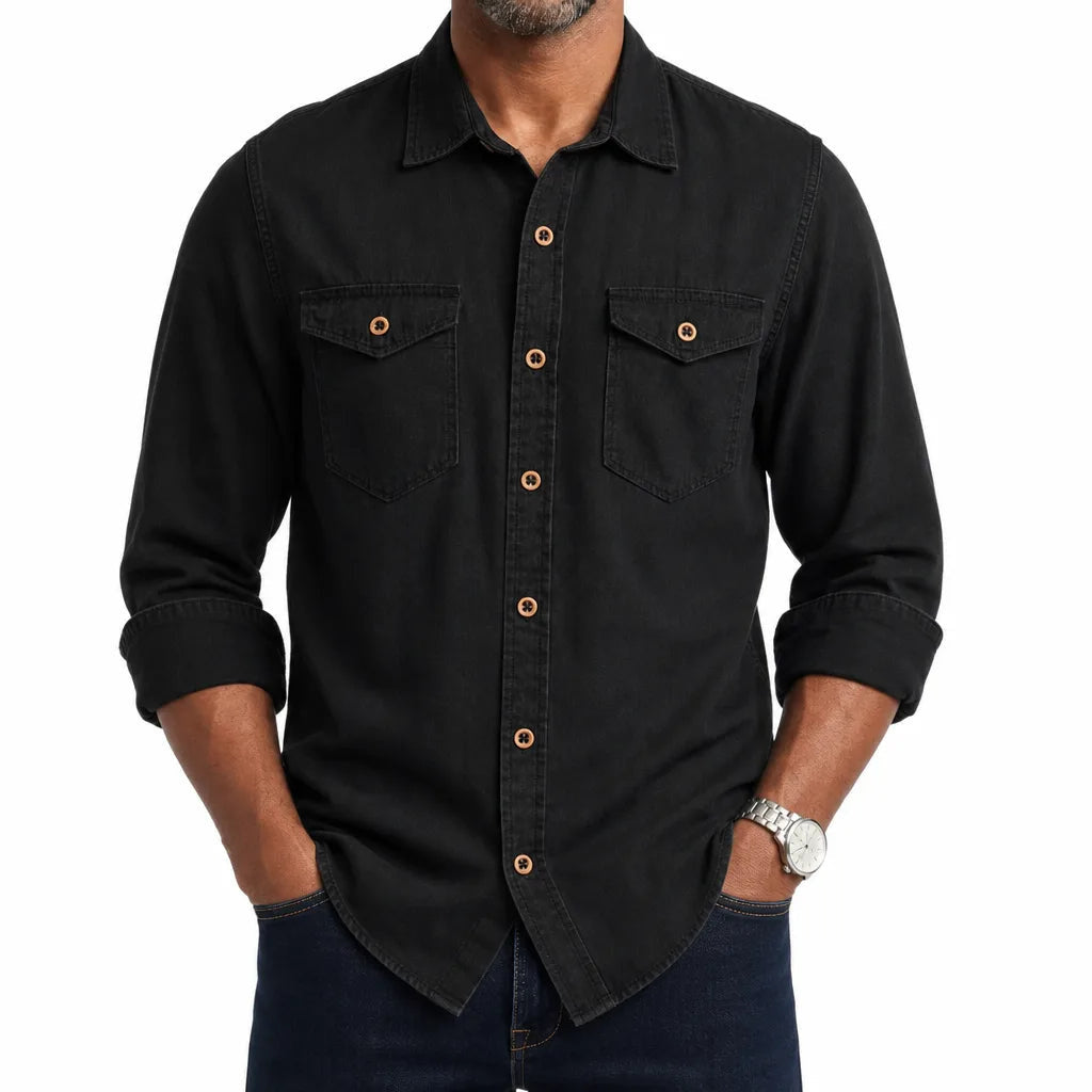 Men's Collared Button Shirt with Twin Flap Pockets - Black