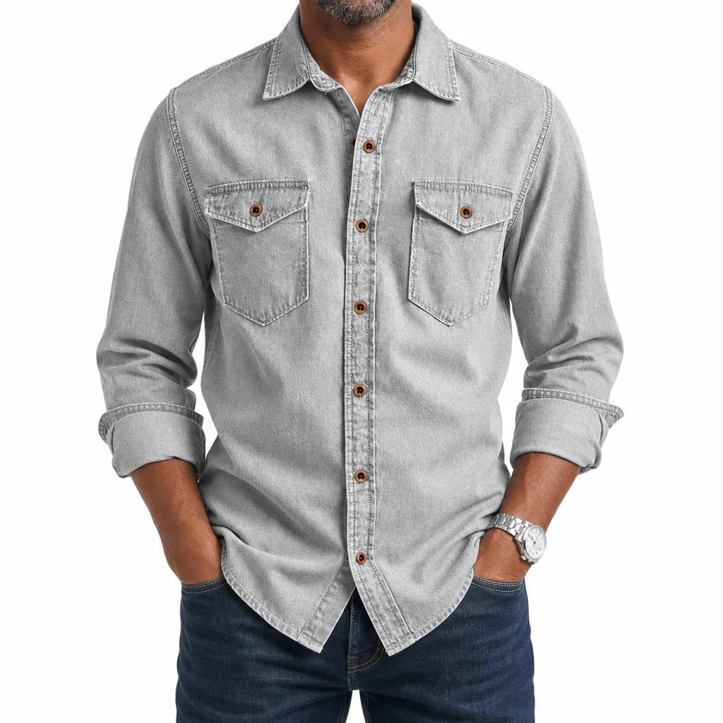 Men's Collared Button Shirt with Twin Flap Pockets - Gray