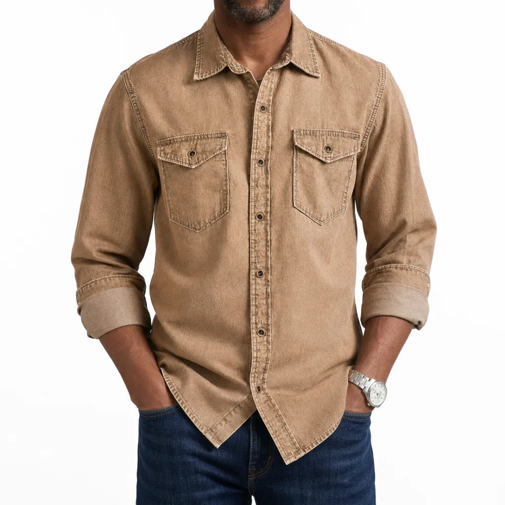 Men's Collared Button Shirt with Twin Flap Pockets - Beige