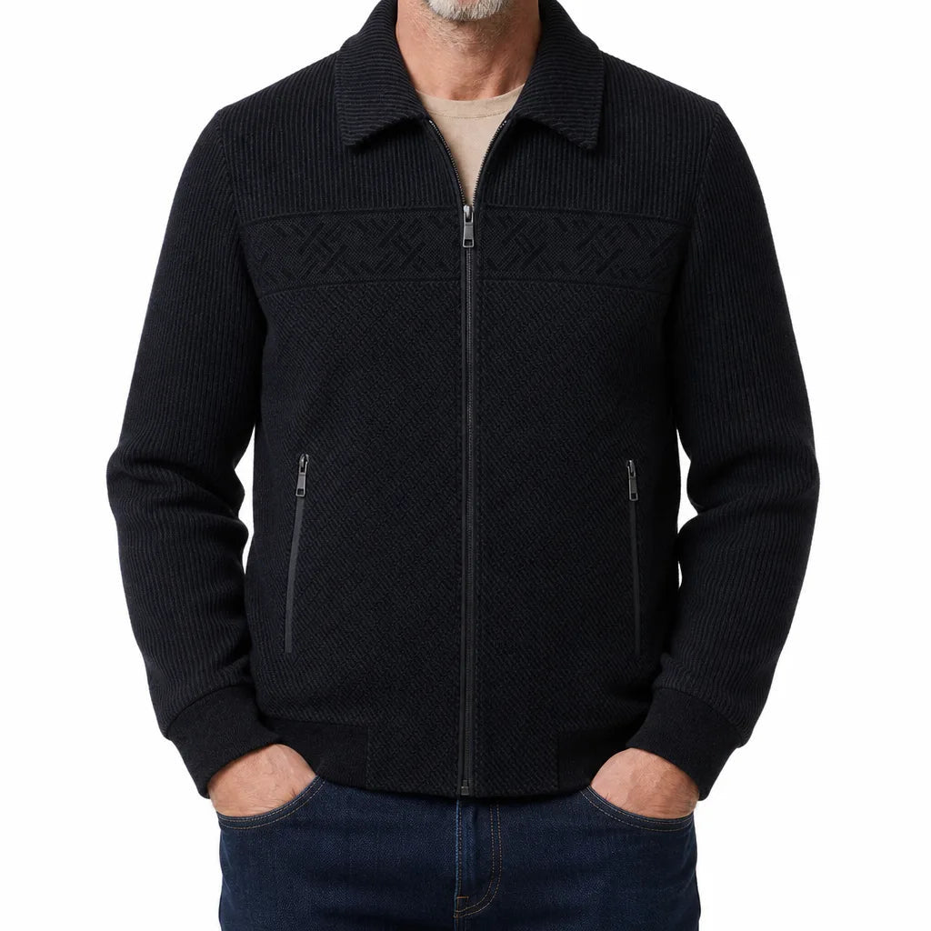 Men's Collared Zip Jacket with Textured Front Panels - Blue Black
