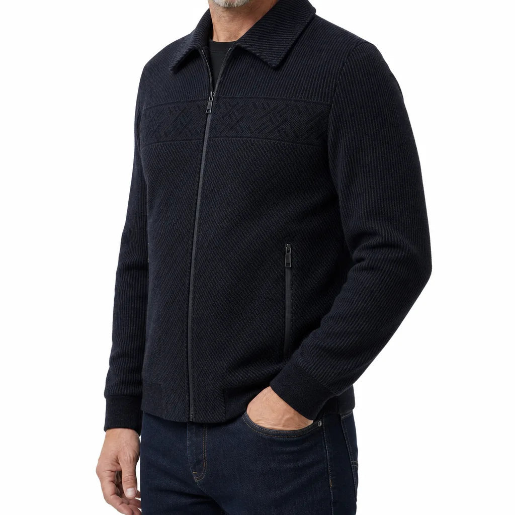 Men's Collared Zip Jacket with Textured Front Panels - Blue Black