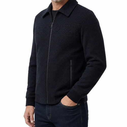 Men's Collared Zip Jacket with Textured Front Panels - Blue Black