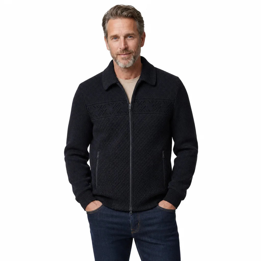 Men's Collared Zip Jacket with Textured Front Panels - Blue Black