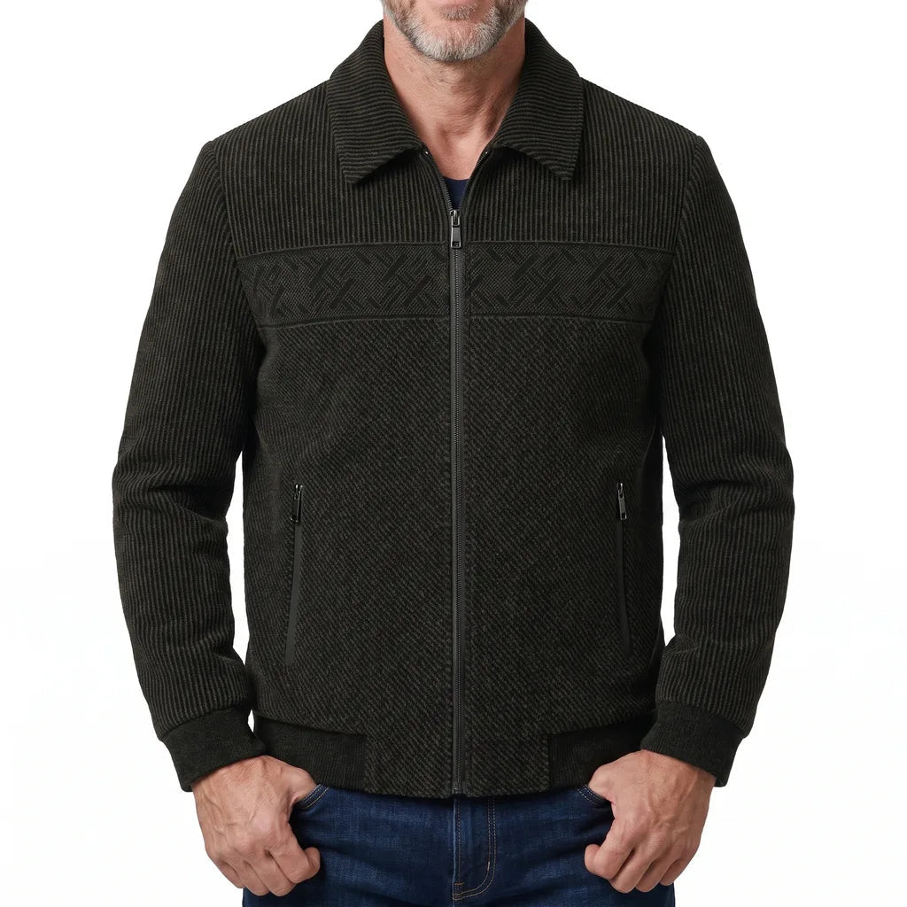 Men's Collared Zip Jacket with Textured Front Panels - Brown