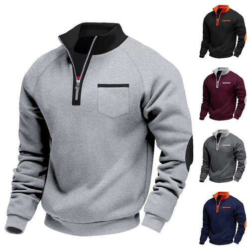 Men's Contrast Collar Quarter Zip Sweater with Chest Detail - Multiple color views
