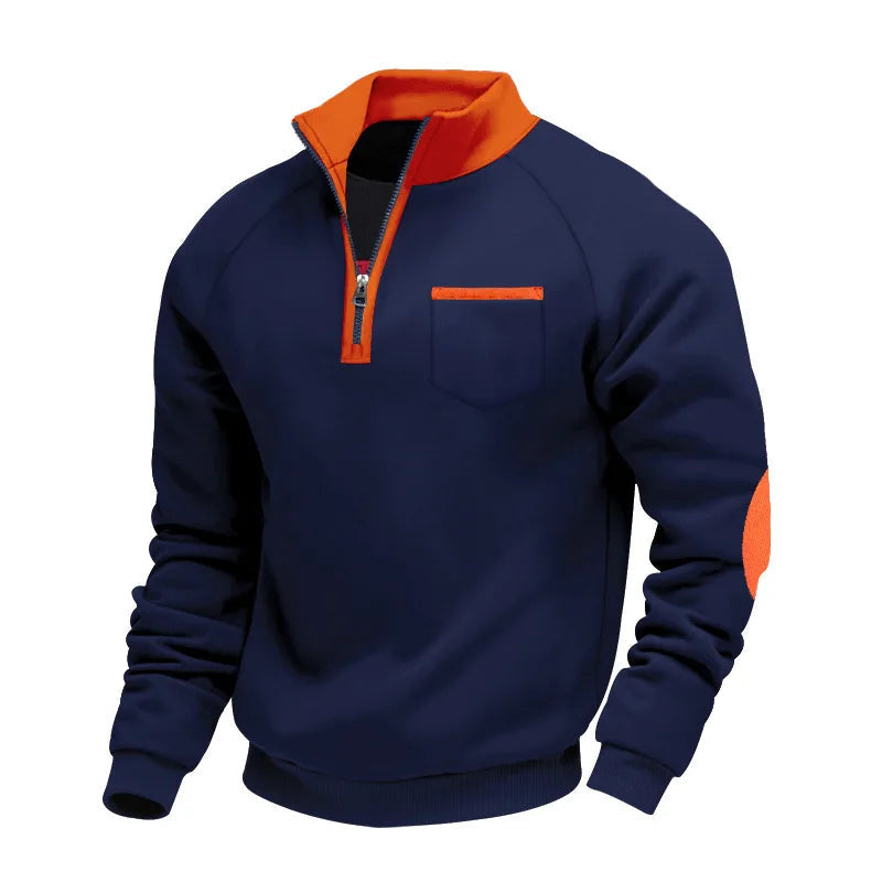 Men's Contrast Collar Quarter Zip Sweater with Chest Detail - Navy Blue