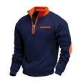 Men's Contrast Collar Quarter Zip Sweater with Chest Detail - Navy Blue