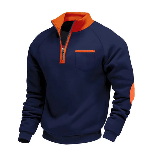 Men's Contrast Collar Quarter Zip Sweater with Chest Detail - Navy Blue