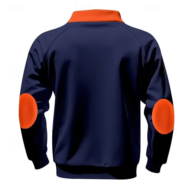 Men's Contrast Collar Quarter Zip Sweater with Chest Detail - Navy Blue