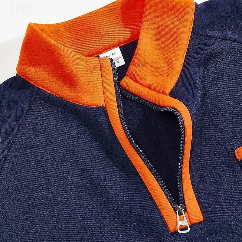 Men's Contrast Collar Quarter Zip Sweater with Chest Detail - Navy Blue