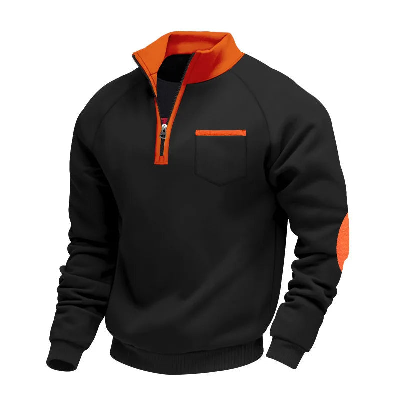 Men's Contrast Collar Quarter Zip Sweater with Chest Detail - Black