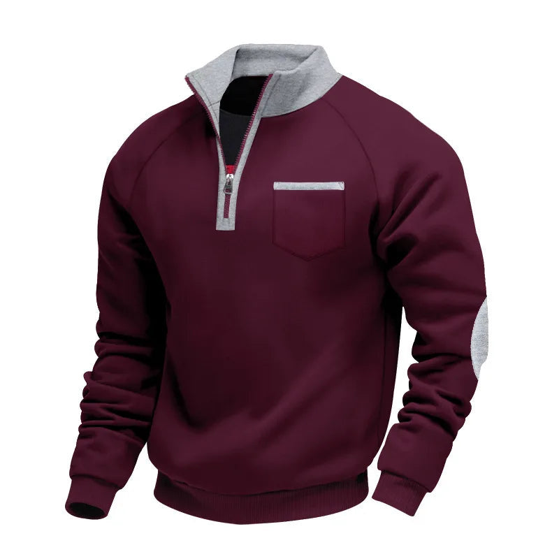 Men's Contrast Collar Quarter Zip Sweater with Chest Detail - Wine Red