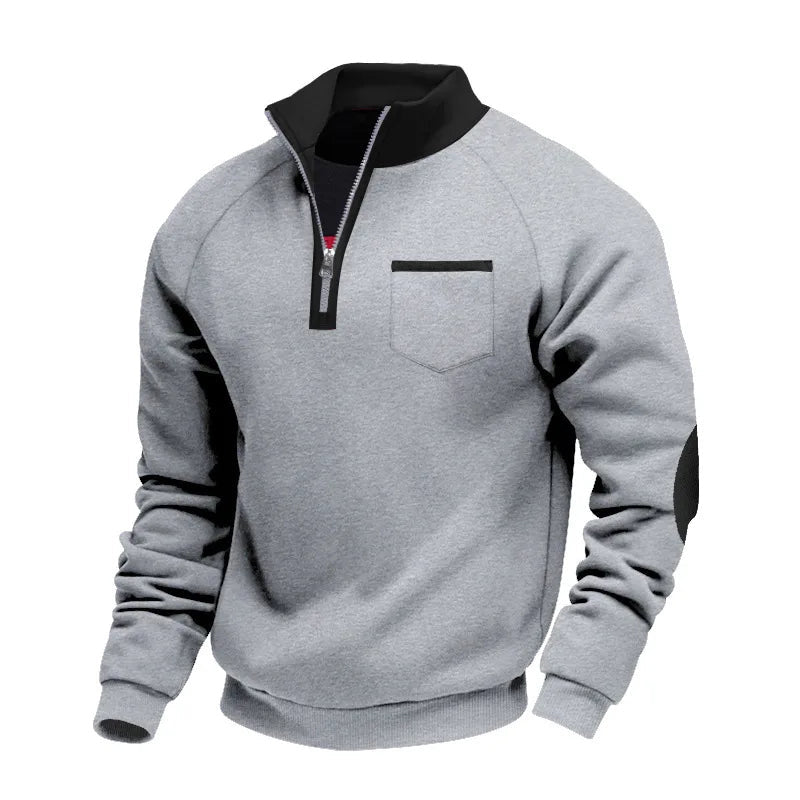 Men's Contrast Collar Quarter Zip Sweater with Chest Detail - Light Grey