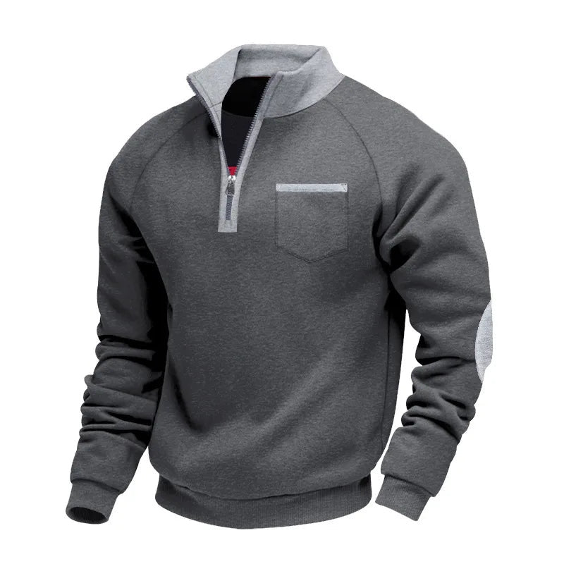 Men's Contrast Collar Quarter Zip Sweater with Chest Detail - Dark Gray