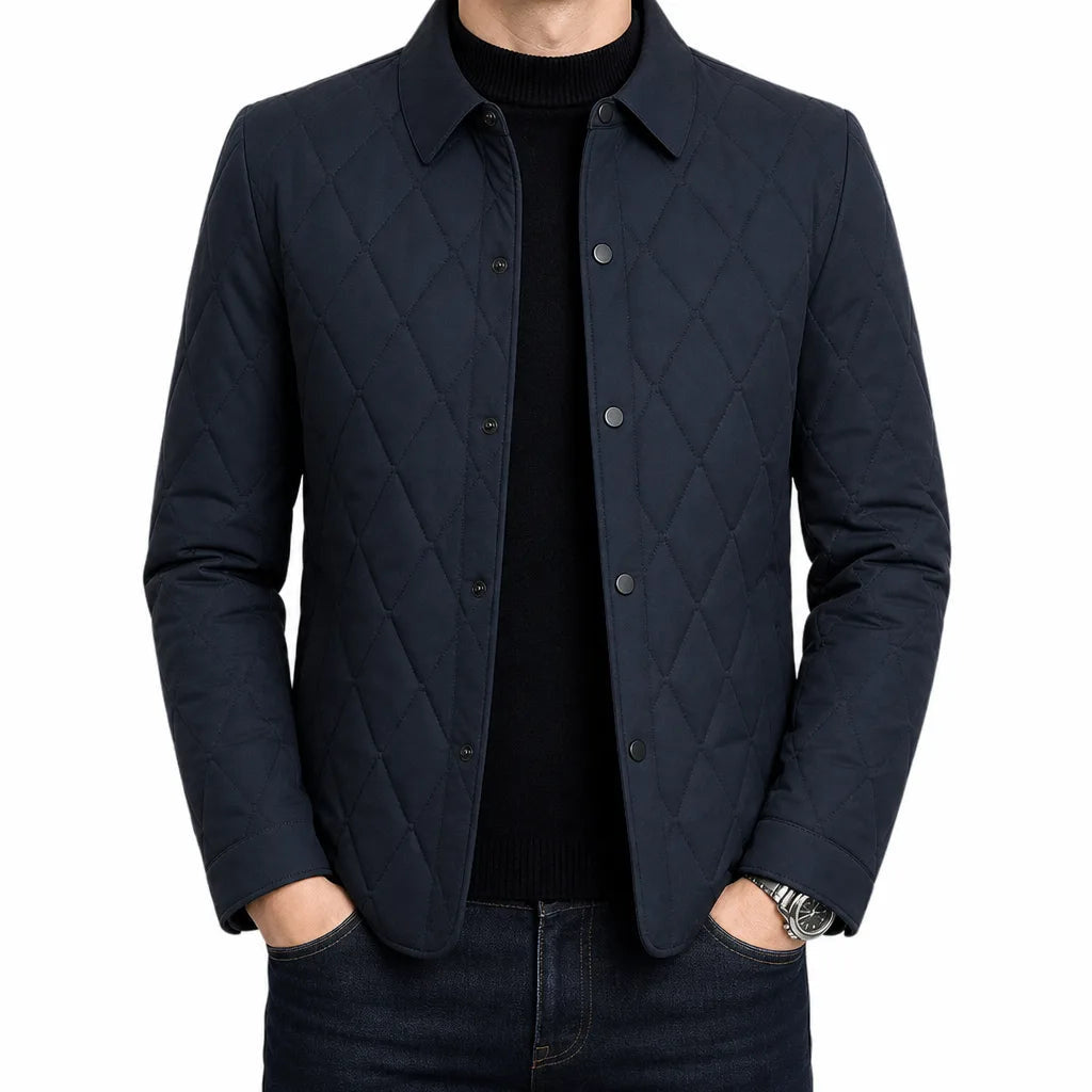 Men's Diamond Quilted Button Jacket with Shirt Collar - Blue