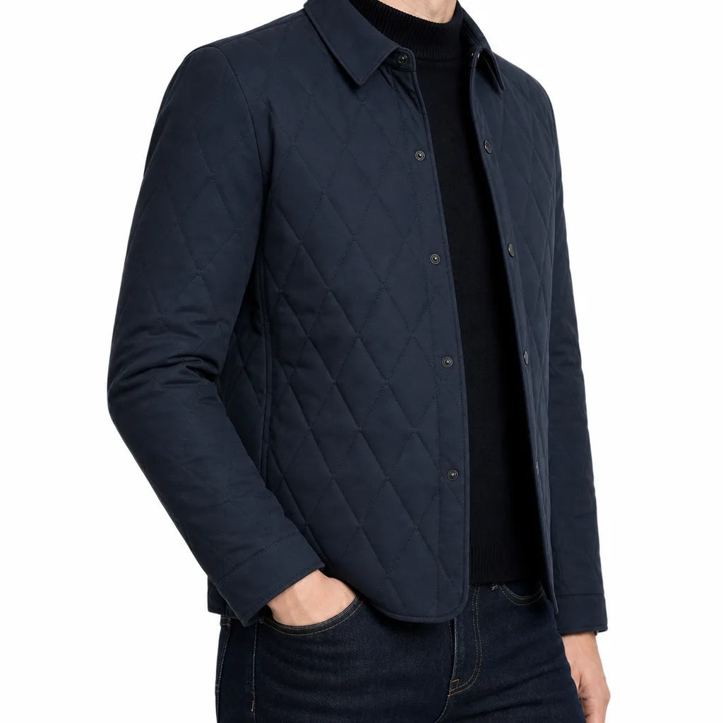 Men's Diamond Quilted Button Jacket with Shirt Collar - Blue