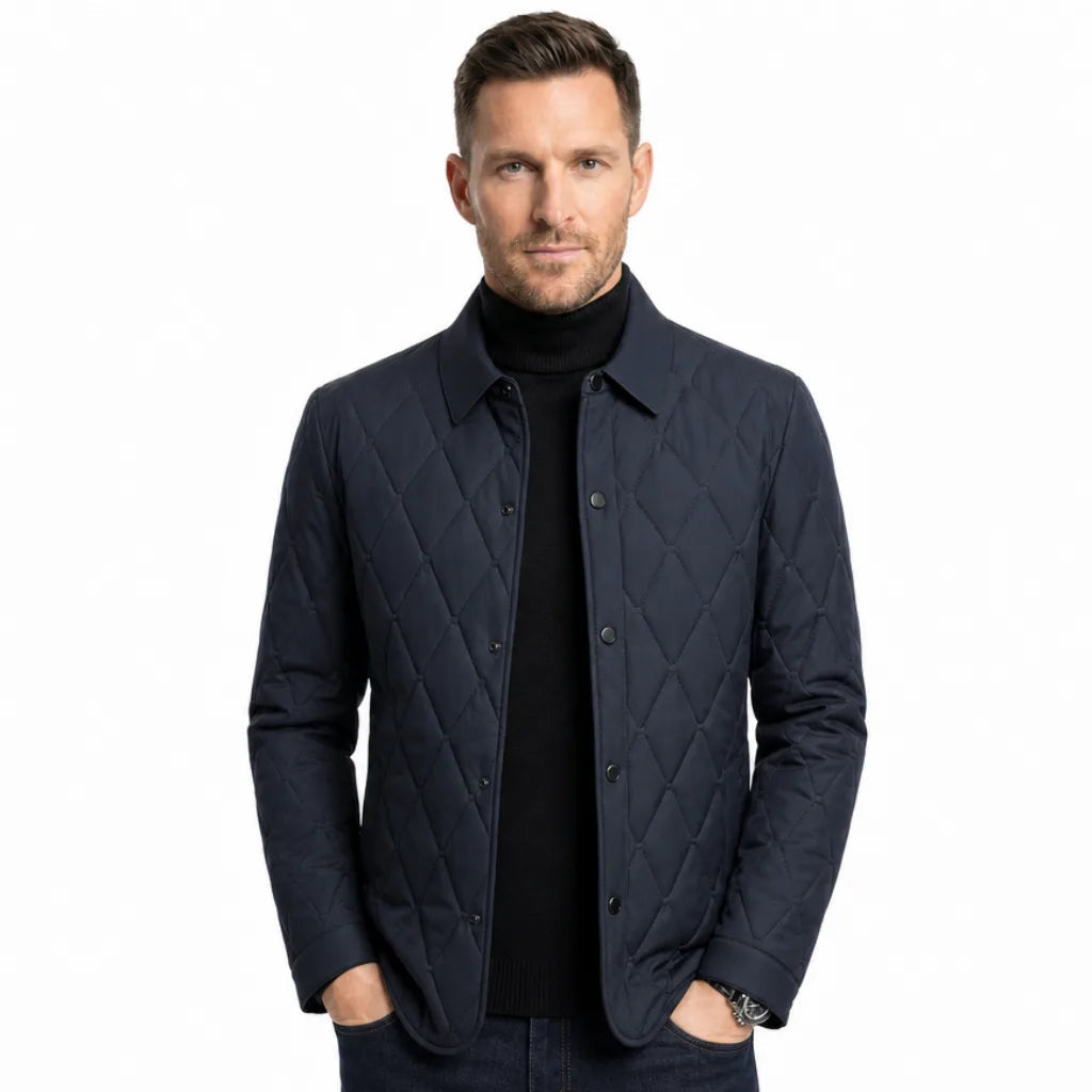Men's Diamond Quilted Button Jacket with Shirt Collar - Blue