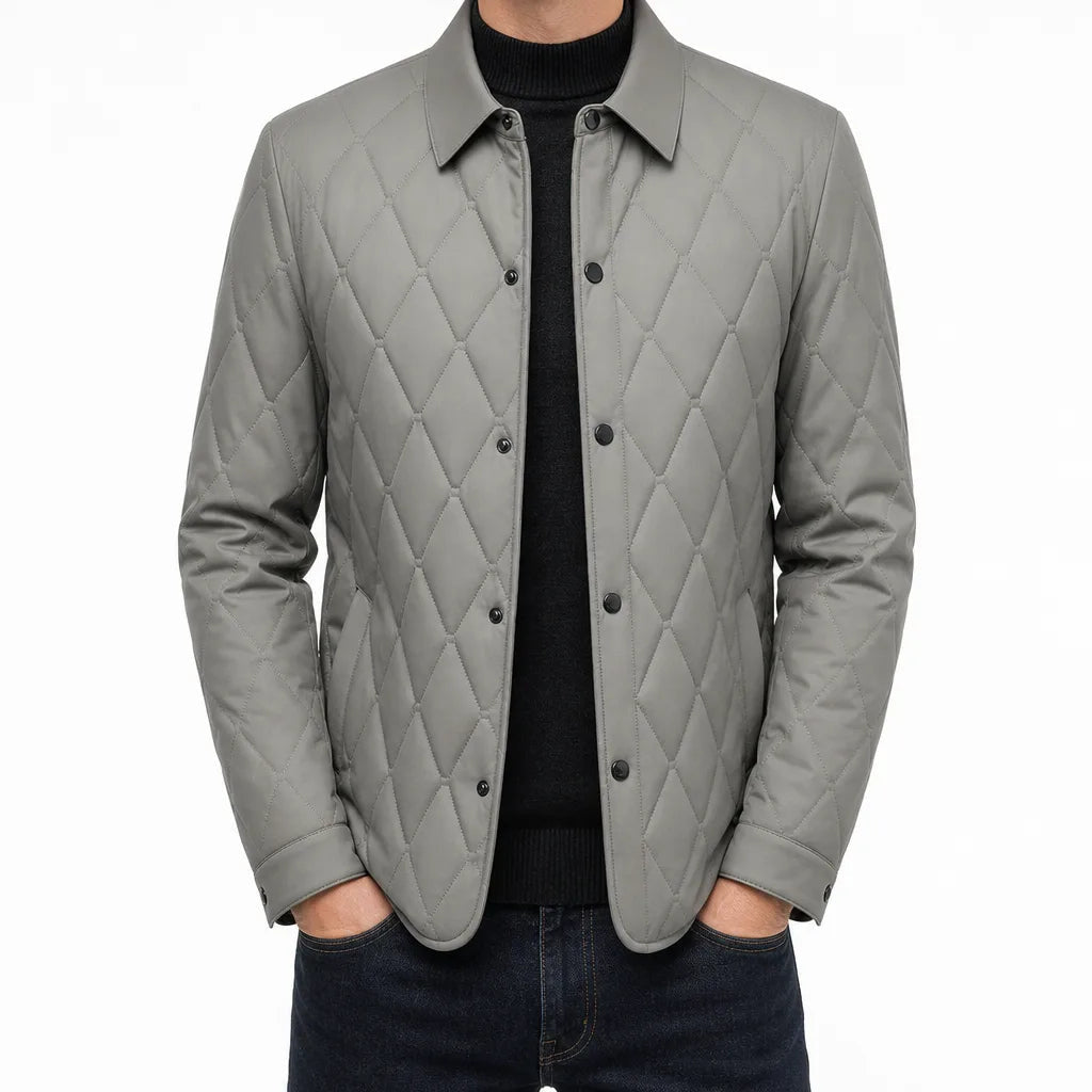 Men's Diamond Quilted Button Jacket with Shirt Collar - Beige
