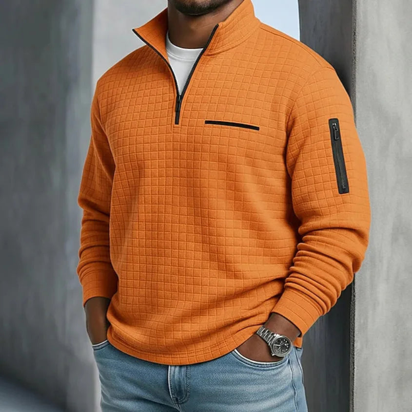Men's Grid Texture Quarter Zip Sweater with Pockets - Orange