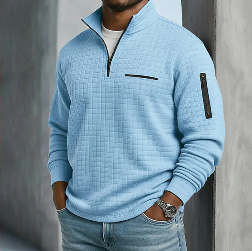 Men's Grid Texture Quarter Zip Sweater with Pockets - Blue