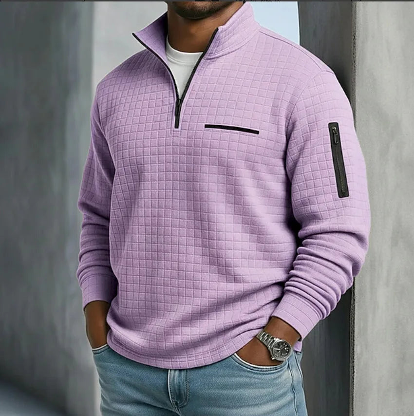 Men's Grid Texture Quarter Zip Sweater with Pockets - Purple