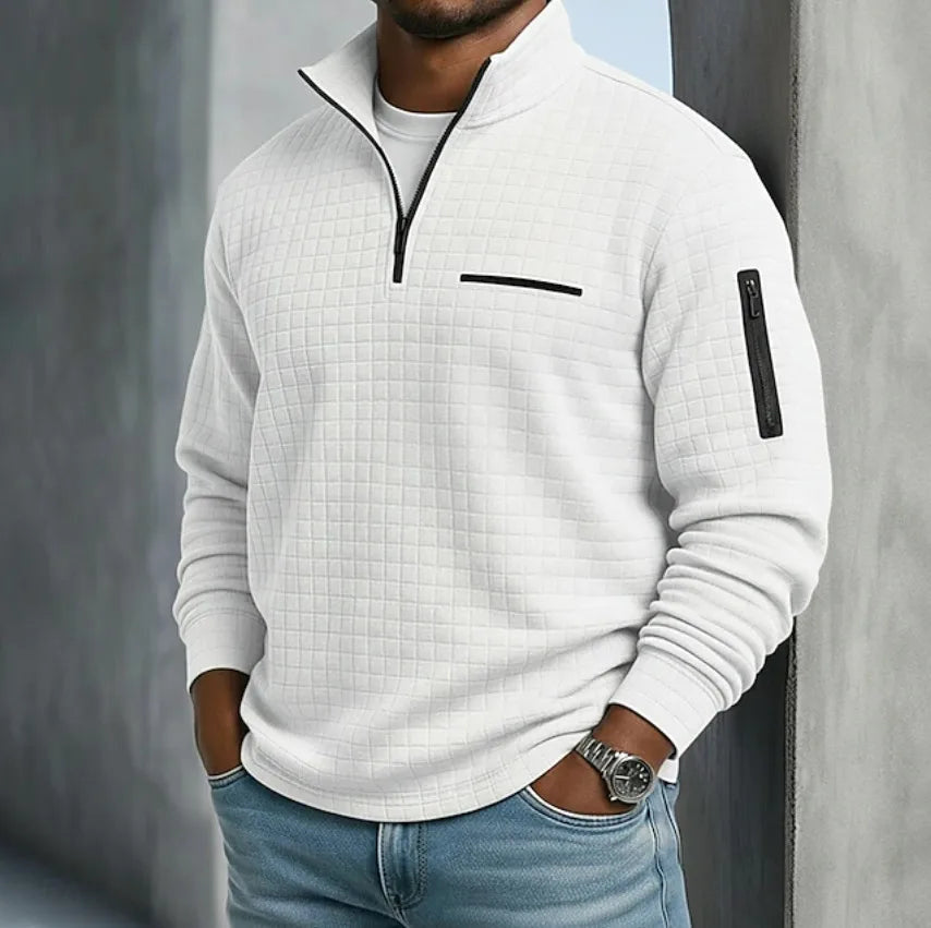 Men's Grid Texture Quarter Zip Sweater with Pockets - White