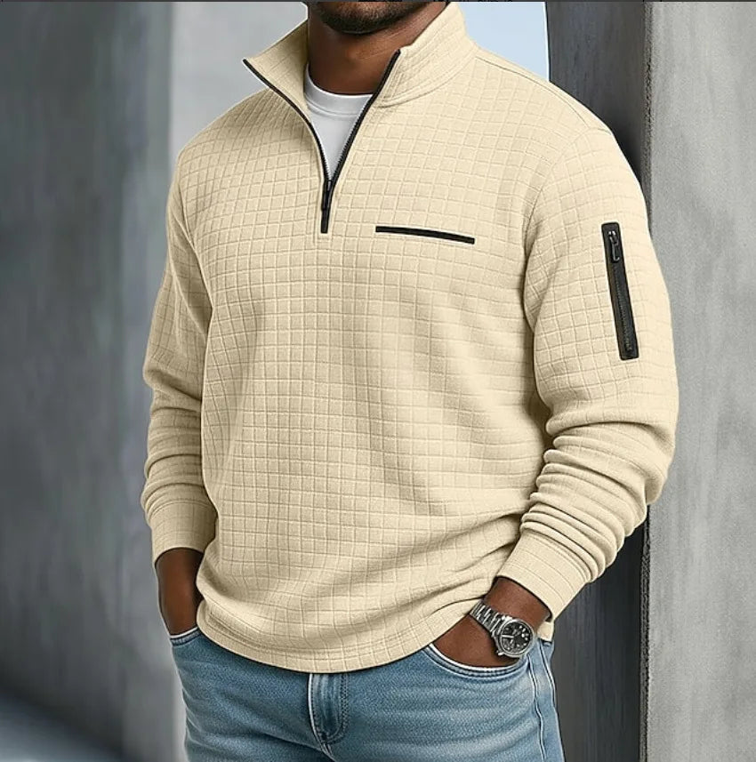 Men's Grid Texture Quarter Zip Sweater with Pockets - Beige