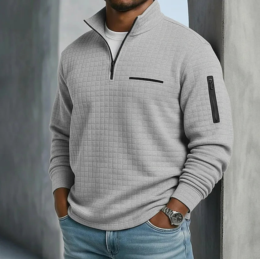 Men's Grid Texture Quarter Zip Sweater with Pockets - Gray