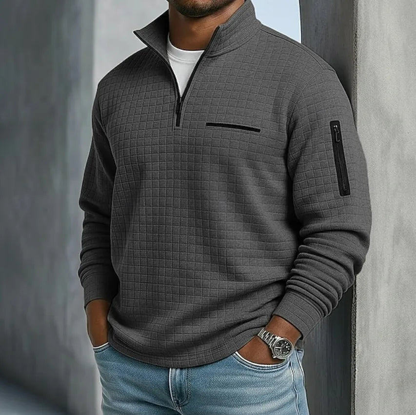 Men's Grid Texture Quarter Zip Sweater with Pockets - Dark Gray