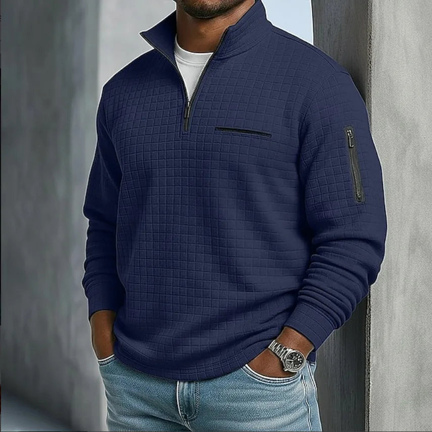 Men's Grid Texture Quarter Zip Sweater with Pockets - Navy Blue
