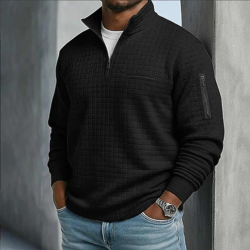 Men's Grid Texture Quarter Zip Sweater with Pockets - Black