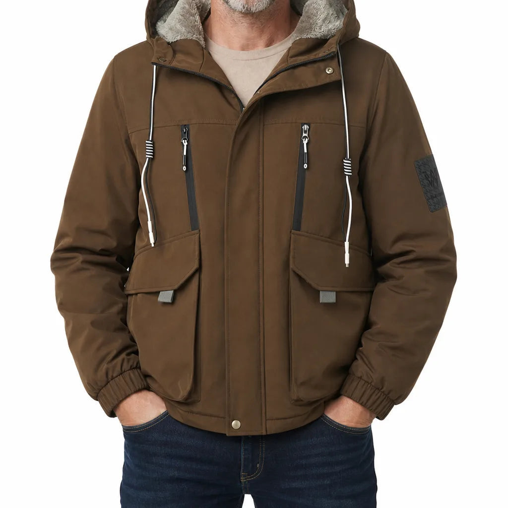 Men's Hooded Jacket with Zip and Flap Front Pockets - Brown