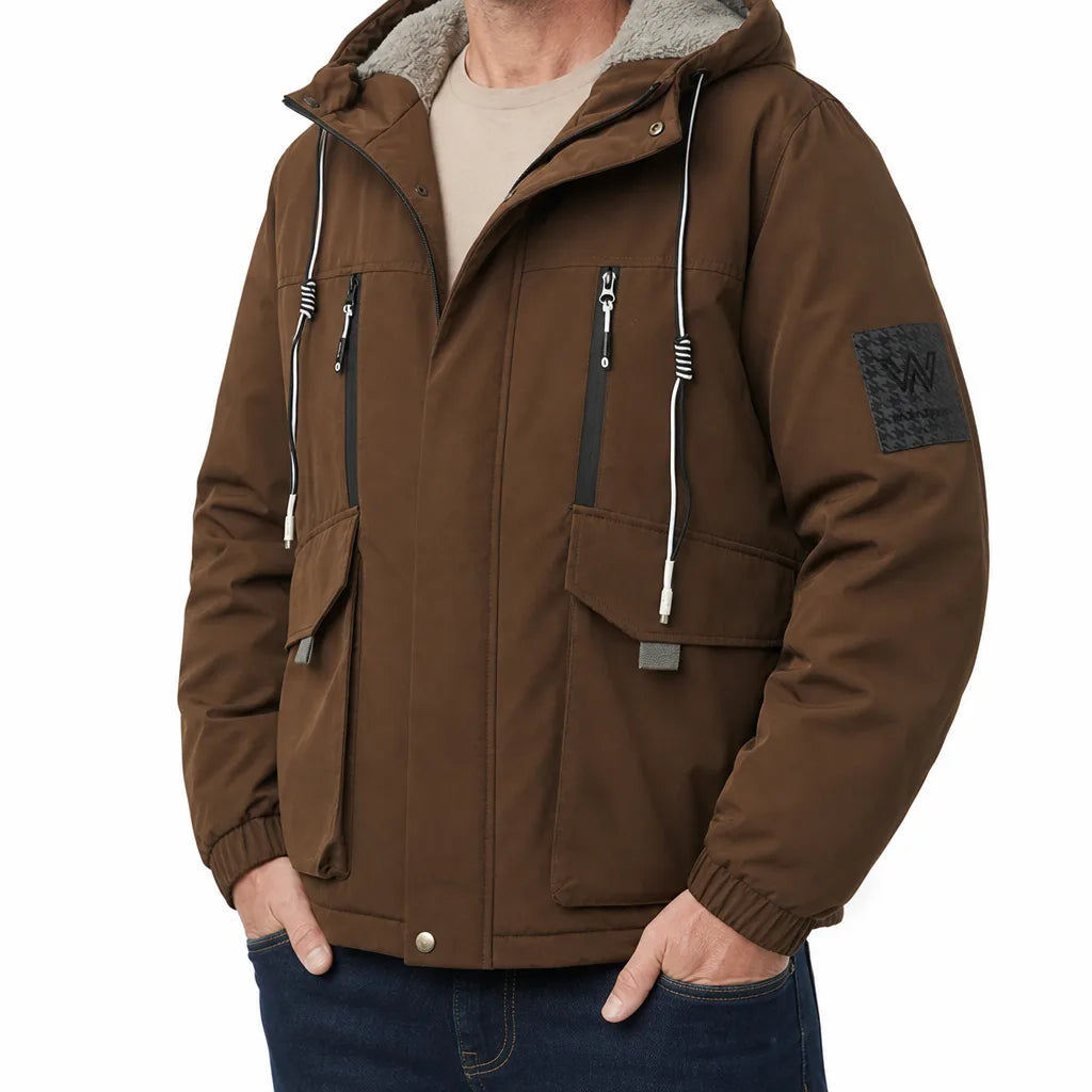 Men's Hooded Jacket with Zip and Flap Front Pockets - Brown