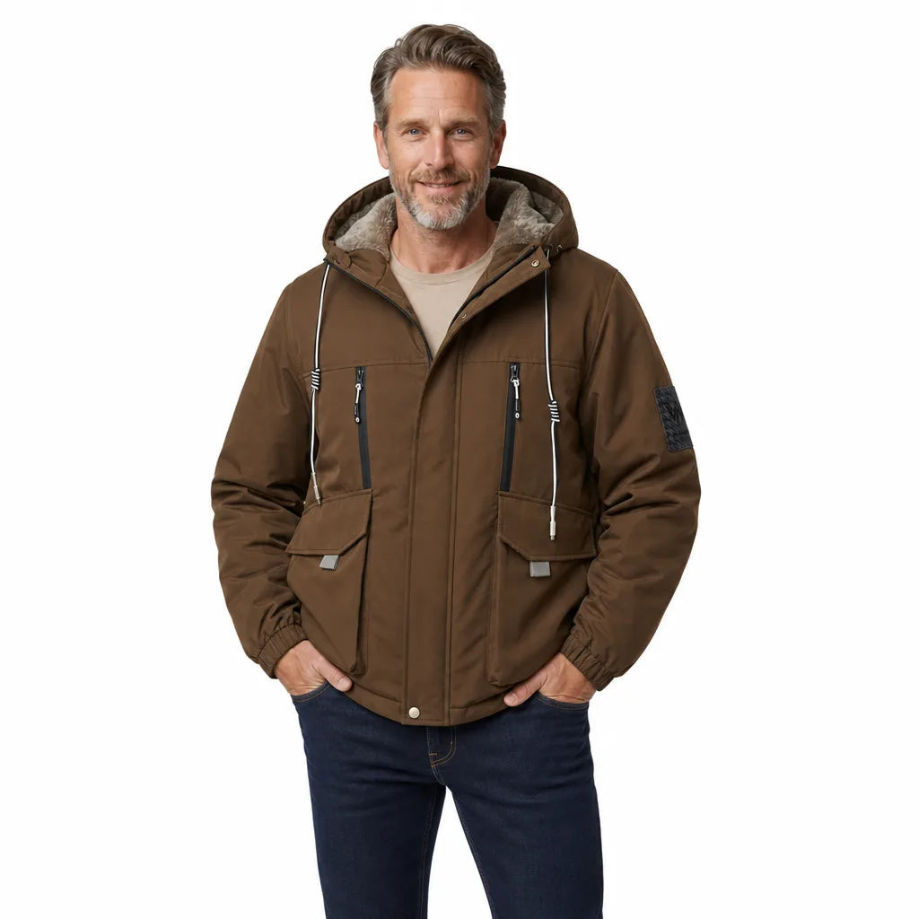 Men's Hooded Jacket with Zip and Flap Front Pockets - Brown