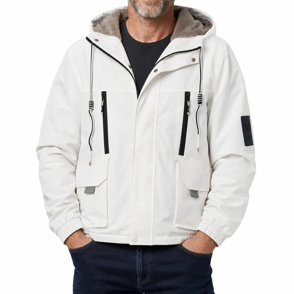 Men's Hooded Jacket with Zip and Flap Front Pockets - White