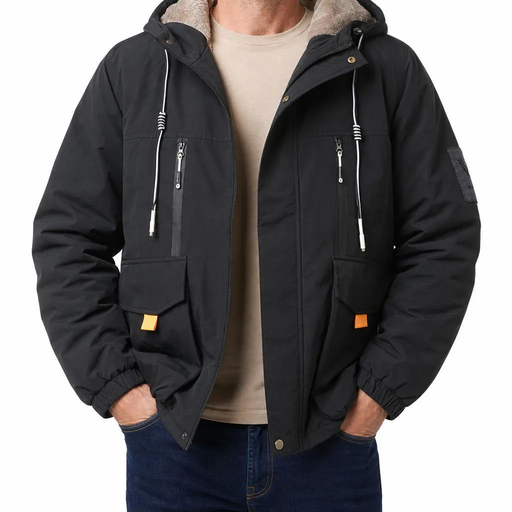 Men's Hooded Jacket with Zip and Flap Front Pockets - Black