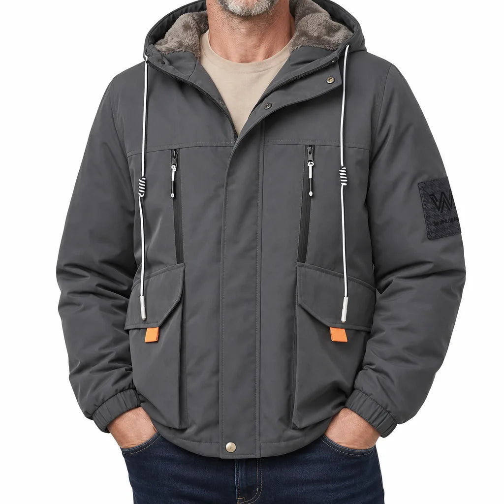 Men's Hooded Jacket with Zip and Flap Front Pockets - Gray